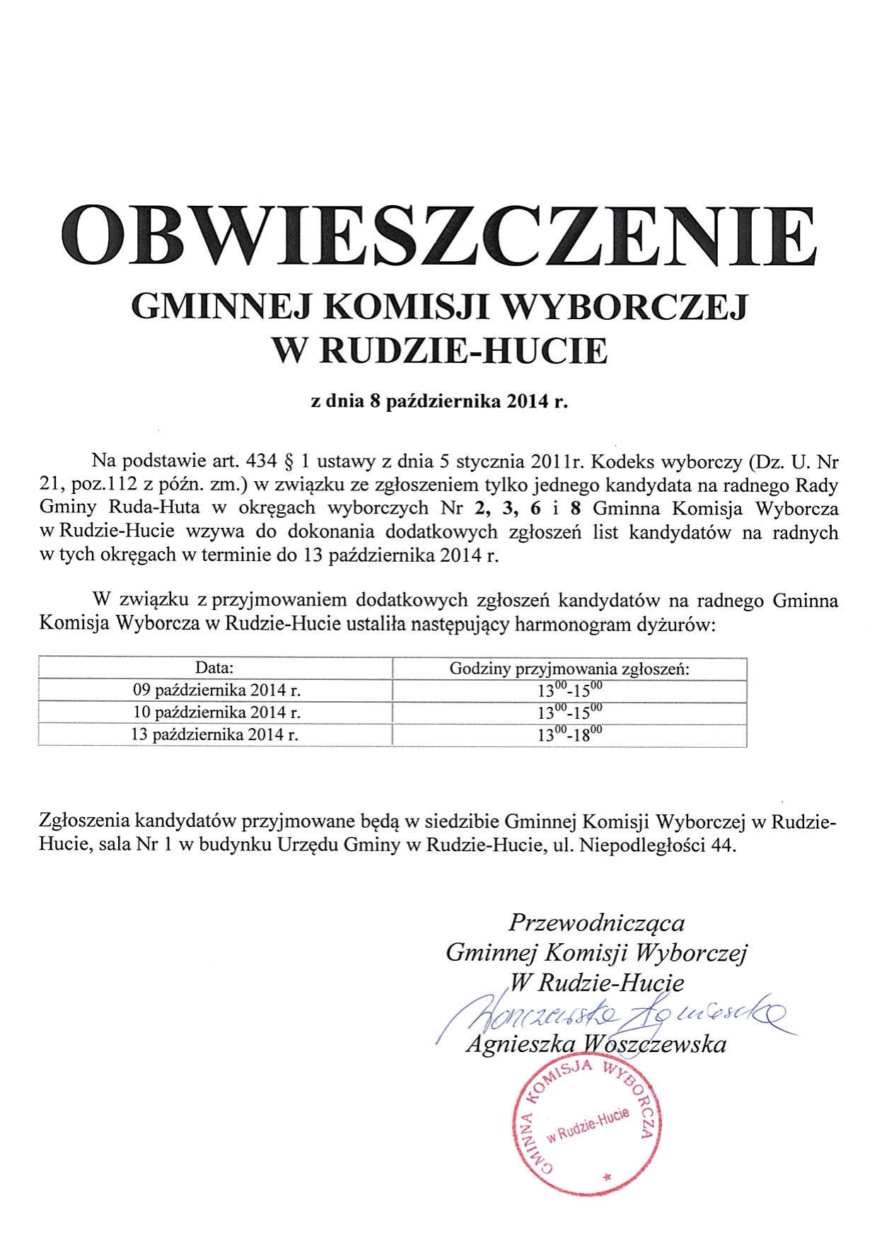 obwieszczenie gminnj komisji wyborczej 2014 10 08