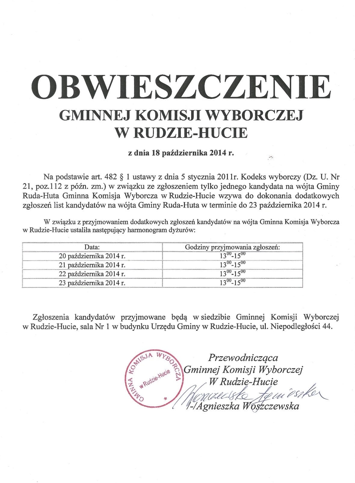 obwieszczenie gminnj komisji wyborczej 2014 10 18